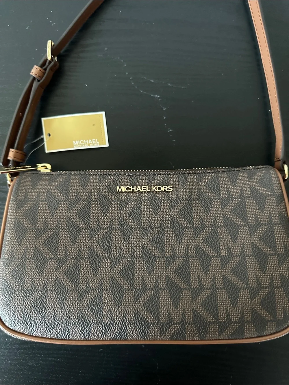 Michael Kors Chocolate Brown Logo Shoulder Bag with Gold Hardware